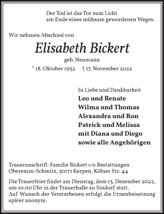 Anzeige von Elisabeth Bickert von  Werbepost 