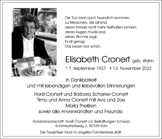 Anzeige von Elisabeth Cronert von Kölner Stadt-Anzeiger / Kölnische Rundschau / Express