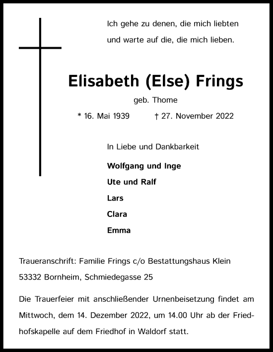 Anzeige von Elisabeth Frings von Kölner Stadt-Anzeiger / Kölnische Rundschau / Express