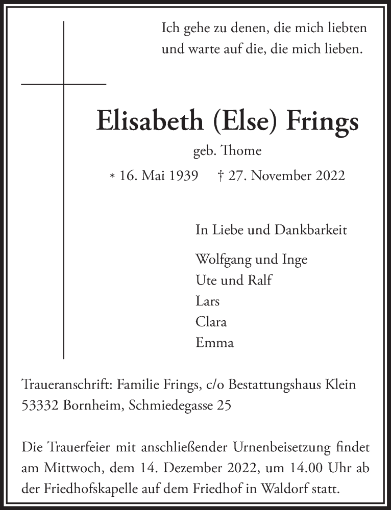  Traueranzeige für Elisabeth Frings vom 02.12.2022 aus  Schaufenster/Blickpunkt 