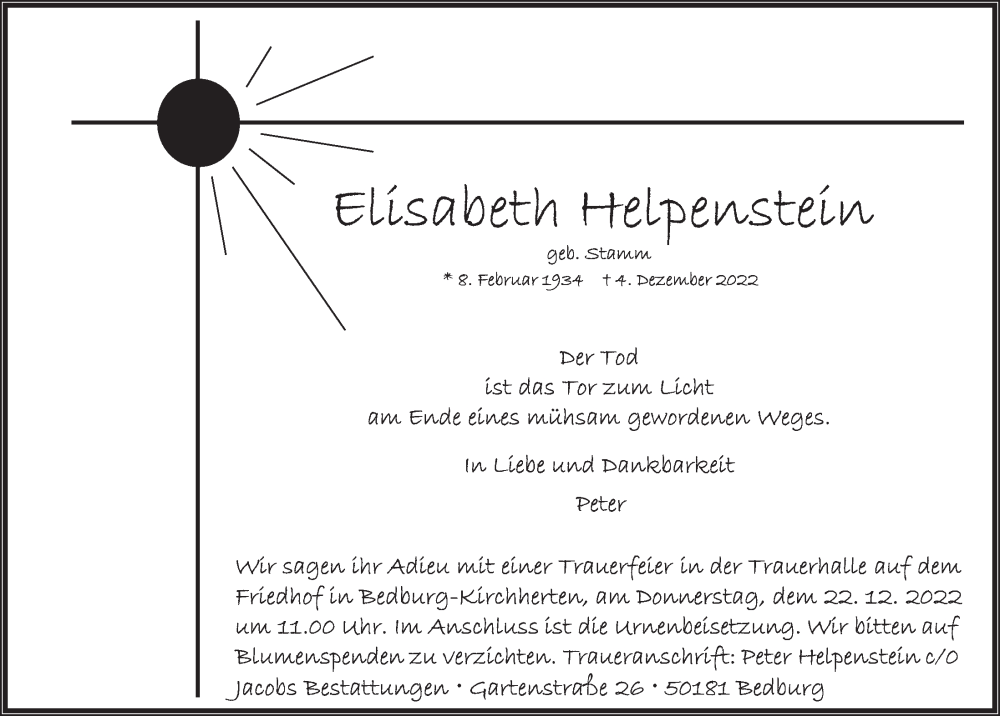  Traueranzeige für Elisabeth Helpenstein vom 16.12.2022 aus  Werbepost 