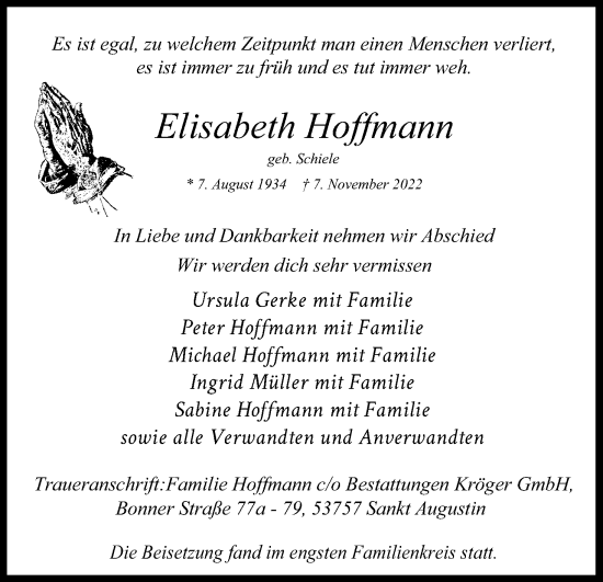 Anzeige von Elisabeth Hoffmann von Kölner Stadt-Anzeiger / Kölnische Rundschau / Express
