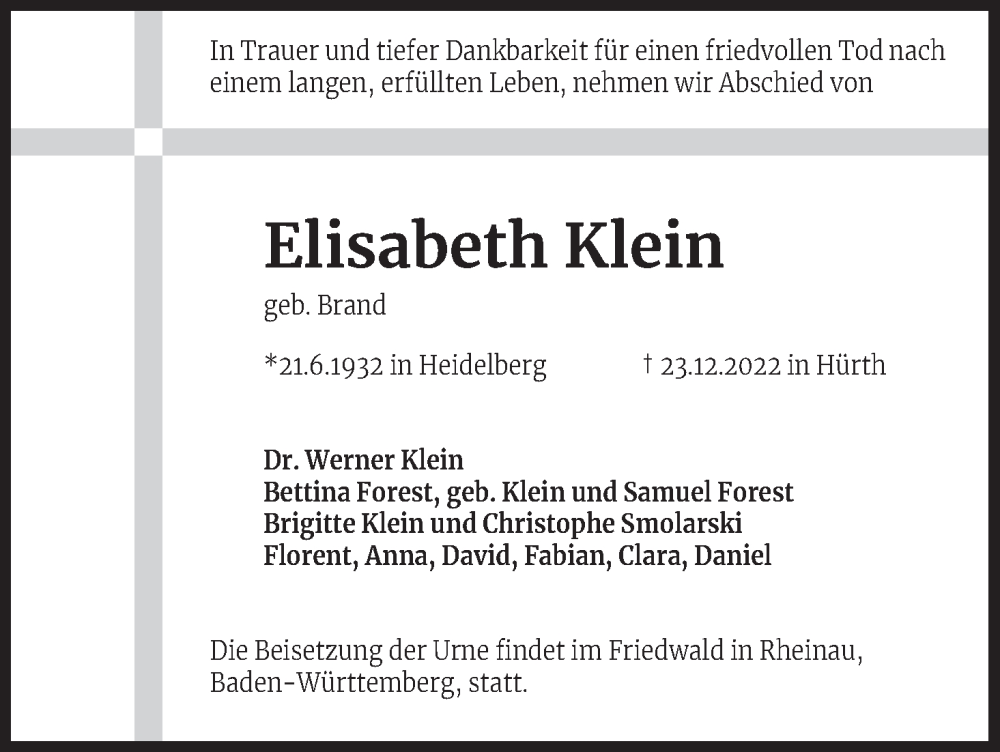 Traueranzeige für Elisabeth Klein vom 29.12.2022 aus Kölner Stadt-Anzeiger / Kölnische Rundschau / Express