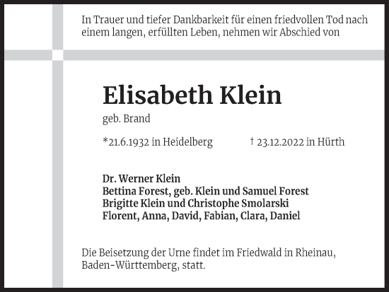 Anzeige von Elisabeth Klein von Kölner Stadt-Anzeiger / Kölnische Rundschau / Express
