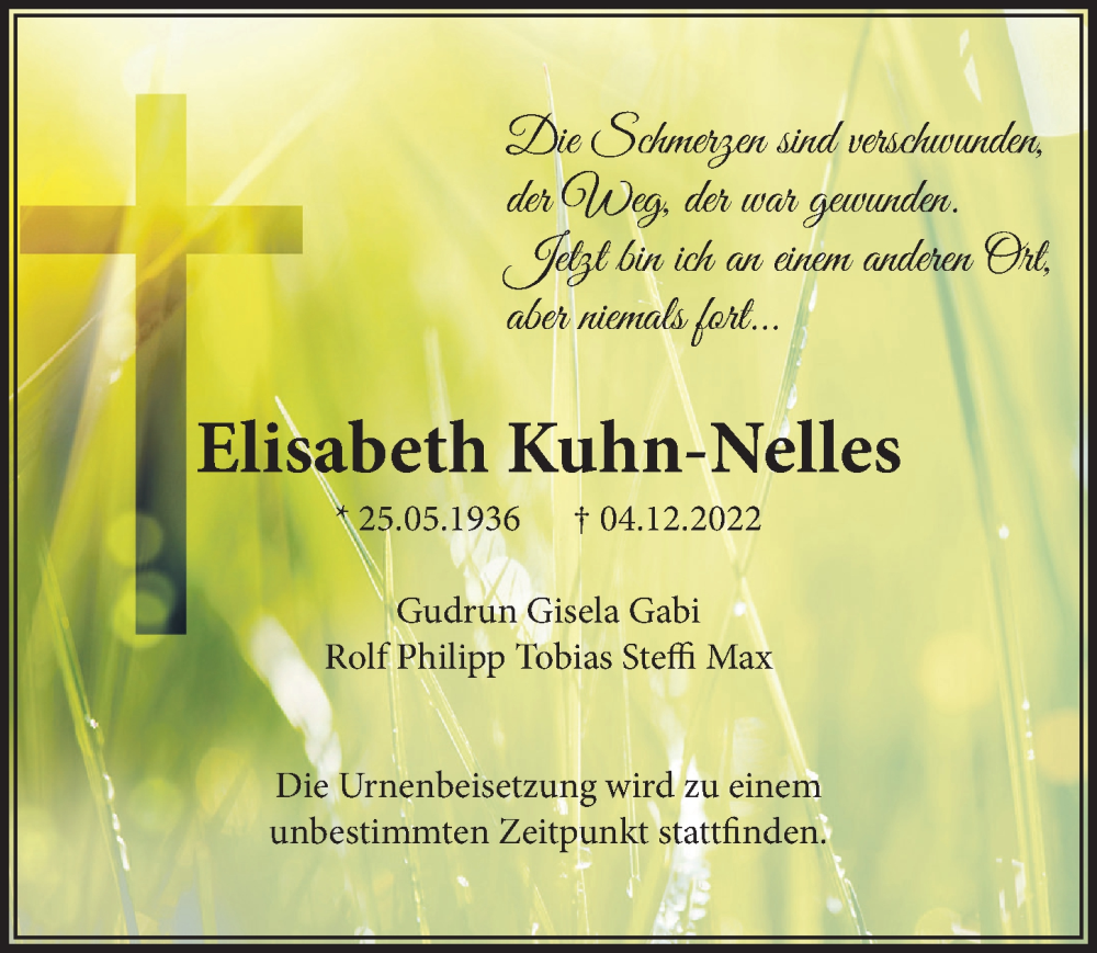  Traueranzeige für Elisabeth Kuhn-Nelles vom 09.12.2022 aus  Schlossbote/Werbekurier 