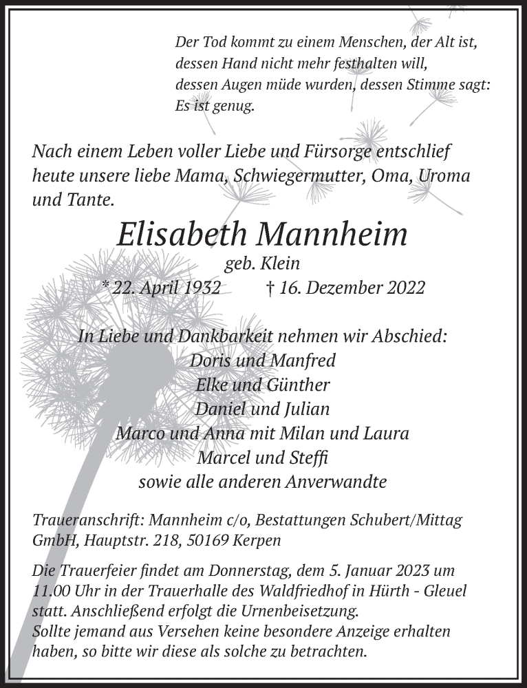  Traueranzeige für Elisabeth Mannheim vom 22.12.2022 aus  Wochenende 
