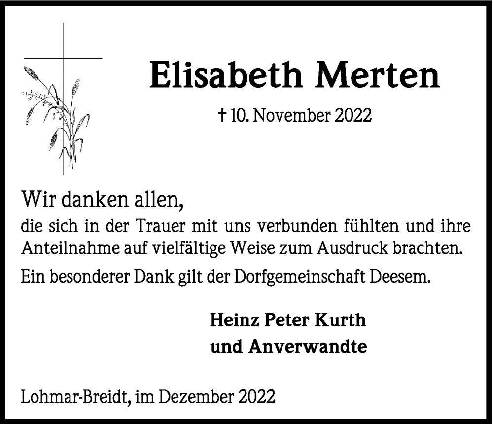  Traueranzeige für Elisabeth Merten vom 24.12.2022 aus Kölner Stadt-Anzeiger / Kölnische Rundschau / Express
