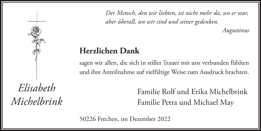  Traueranzeige für Elisabeth Michelbrink vom 16.12.2022 aus  Wochenende 