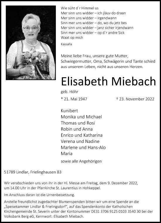Anzeige von Elisabeth Miebach von Kölner Stadt-Anzeiger / Kölnische Rundschau / Express