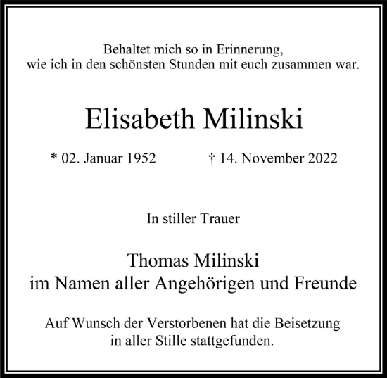 Anzeige von Elisabeth Milinski von  Wochenende 