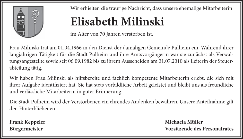  Traueranzeige für Elisabeth Milinski vom 09.12.2022 aus  Wochenende 