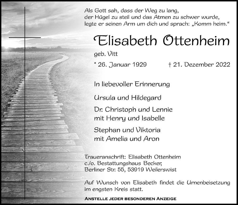  Traueranzeige für Elisabeth Ottenheim vom 30.12.2022 aus  Blickpunkt Euskirchen 