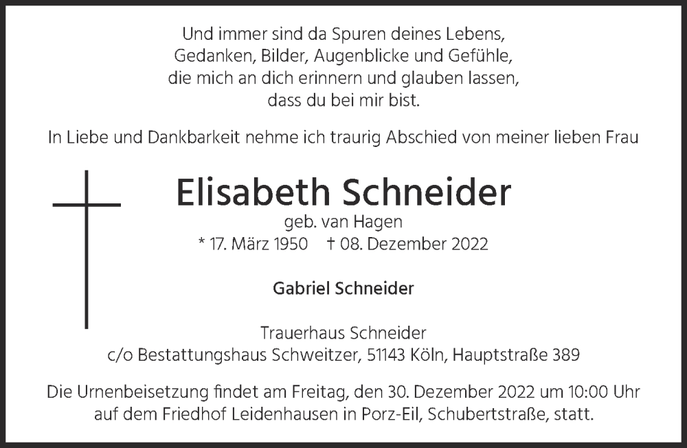  Traueranzeige für Elisabeth Schneider vom 22.12.2022 aus  EXPRESS - Die Woche 