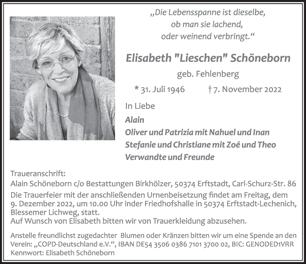  Traueranzeige für Elisabeth Schöneborn vom 02.12.2022 aus  Werbepost 