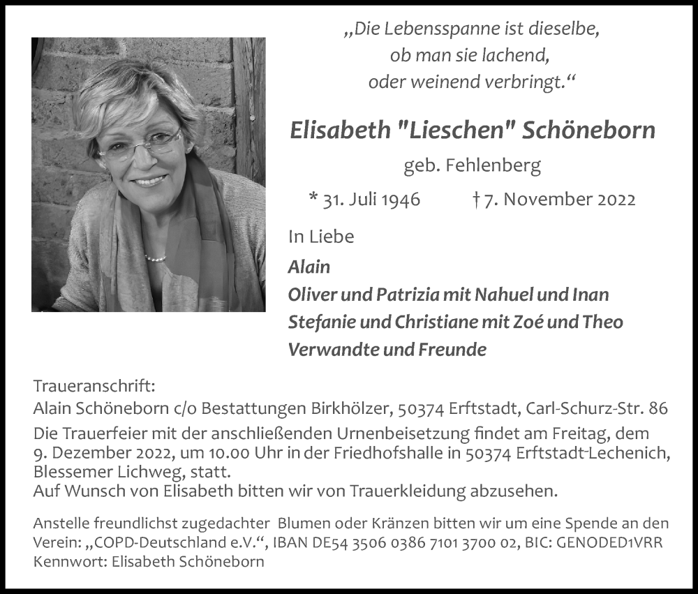  Traueranzeige für Elisabeth Schöneborn vom 03.12.2022 aus Kölner Stadt-Anzeiger / Kölnische Rundschau / Express
