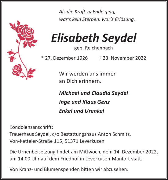 Anzeige von Elisabeth Seydel von Kölner Stadt-Anzeiger / Kölnische Rundschau / Express