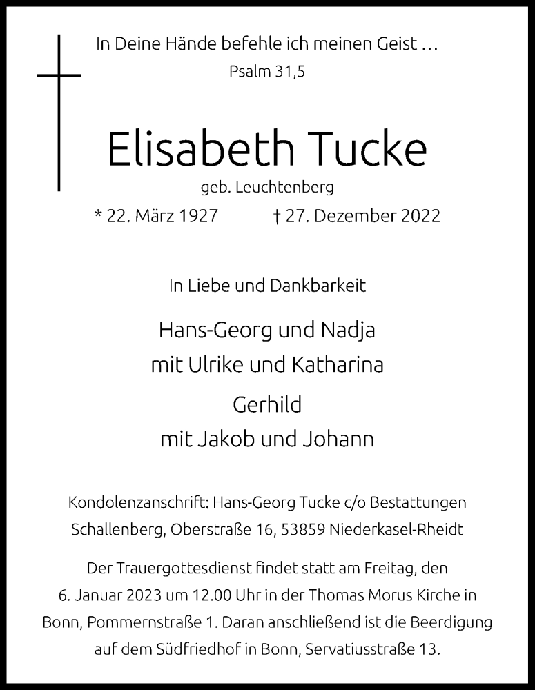  Traueranzeige für Elisabeth Tucke vom 31.12.2022 aus Kölner Stadt-Anzeiger / Kölnische Rundschau / Express