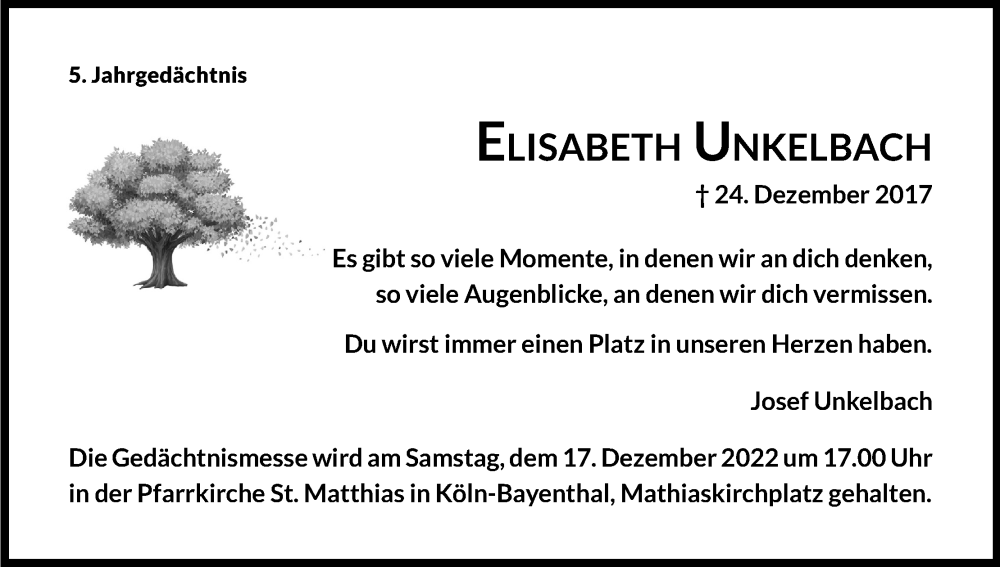  Traueranzeige für Elisabeth Unkelbach vom 18.07.2023 aus Kölner Stadt-Anzeiger / Kölnische Rundschau / Express