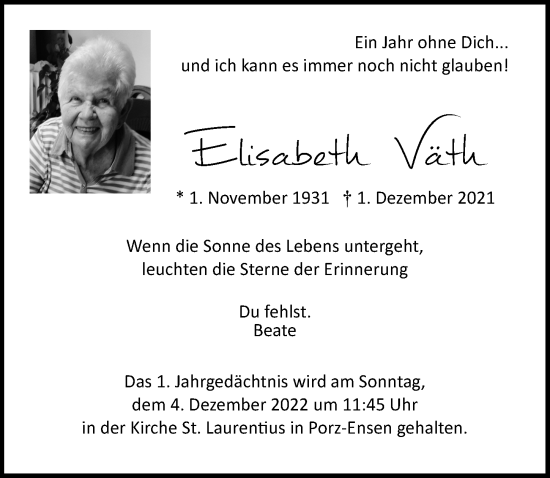 Anzeige von Elisabeth Väth von  EXPRESS - Die Woche 