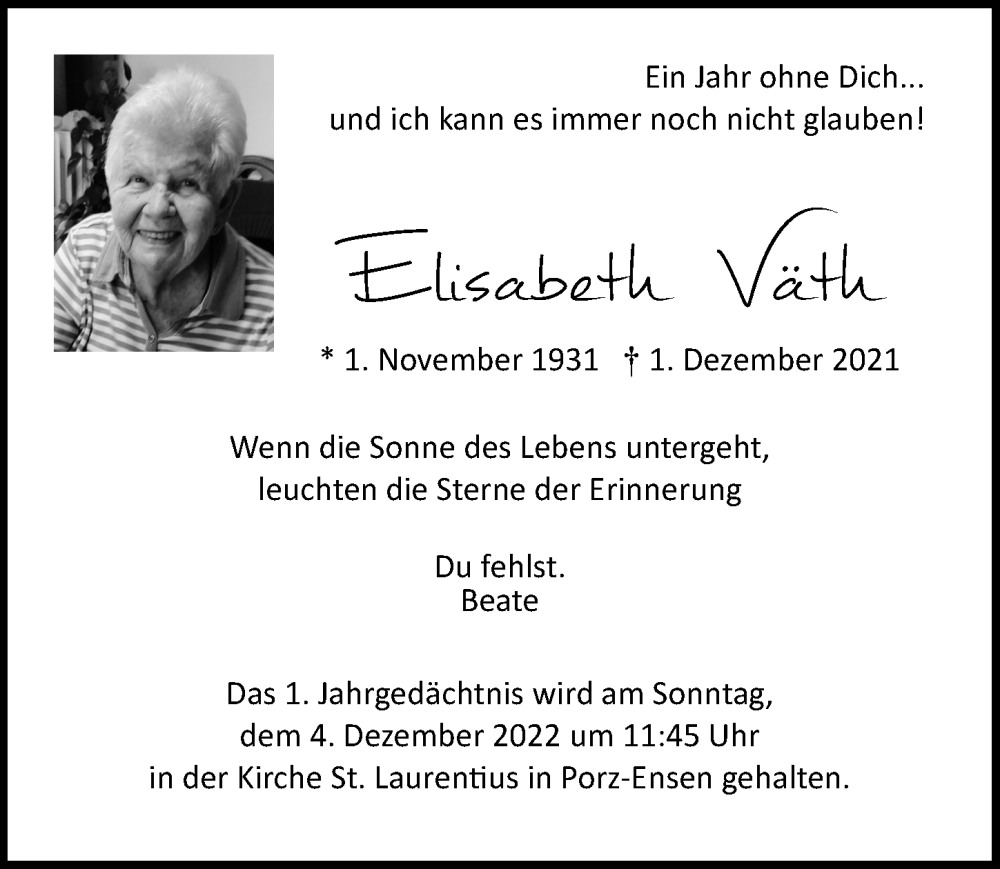  Traueranzeige für Elisabeth Väth vom 02.12.2022 aus  EXPRESS - Die Woche 