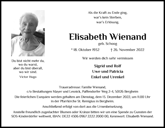 Anzeige von Elisabeth Wienand von Kölner Stadt-Anzeiger / Kölnische Rundschau / Express