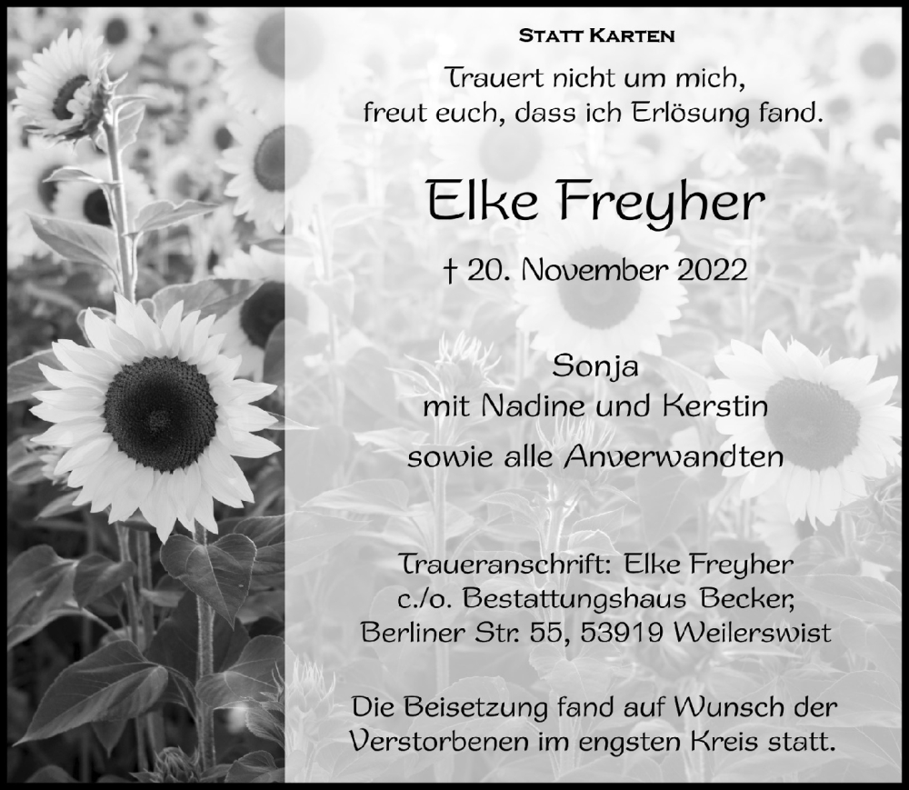  Traueranzeige für Elke Freyher vom 03.12.2022 aus  Blickpunkt Euskirchen 