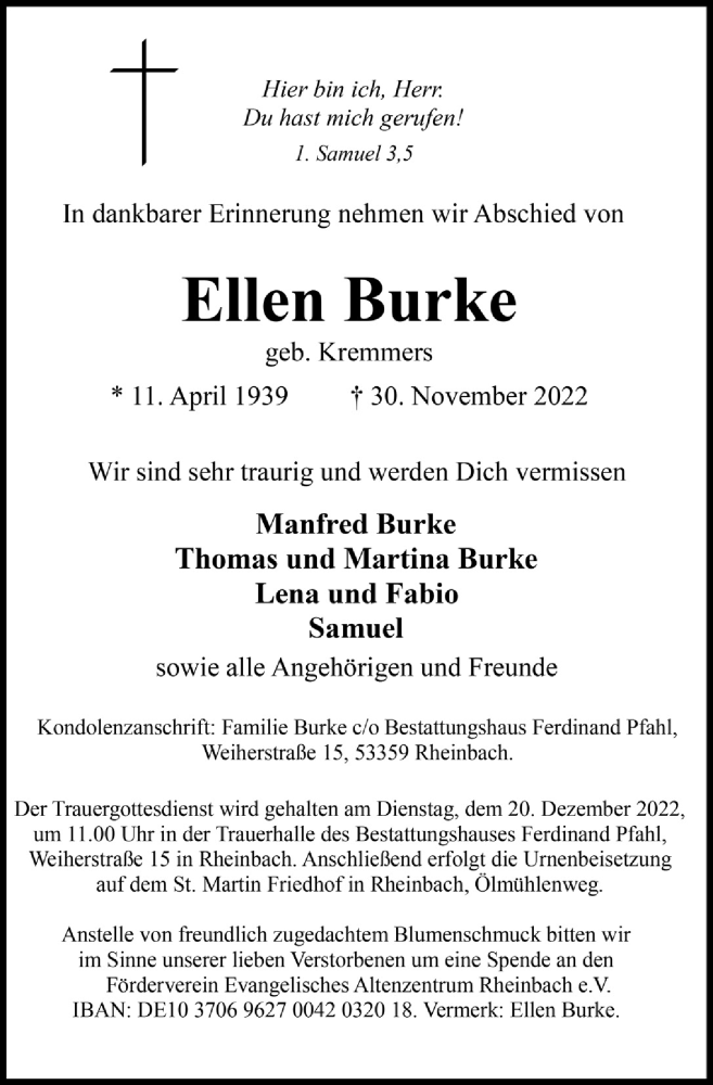  Traueranzeige für Ellen Burke vom 16.12.2022 aus  Schaufenster/Blickpunkt 