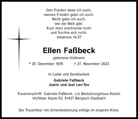 Anzeige von Ellen Faßbeck von Kölner Stadt-Anzeiger / Kölnische Rundschau / Express