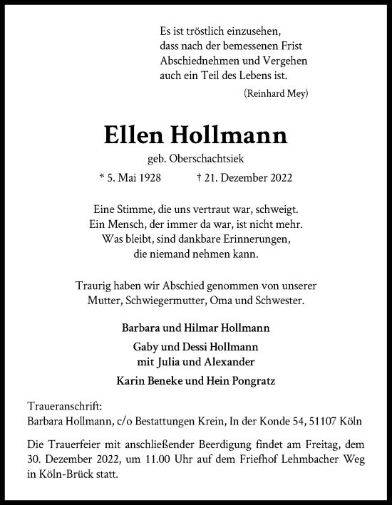 Anzeige von Ellen Hollmann von Kölner Stadt-Anzeiger / Kölnische Rundschau / Express