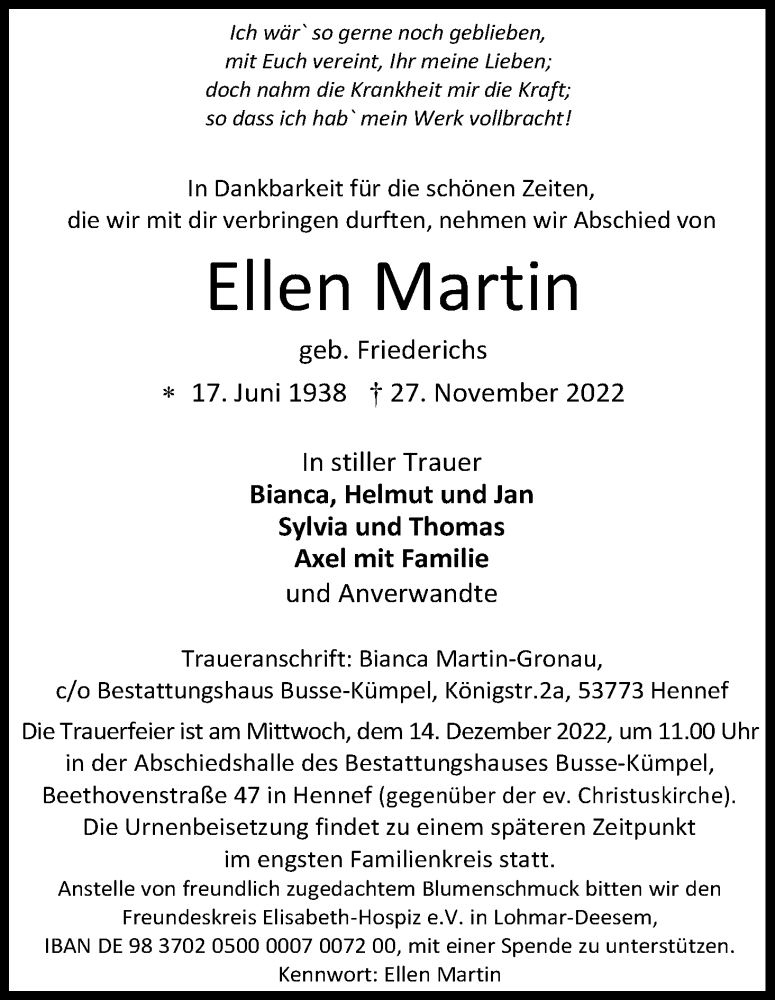  Traueranzeige für Ellen Martin vom 03.12.2022 aus Kölner Stadt-Anzeiger / Kölnische Rundschau / Express