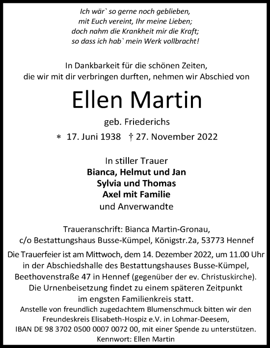 Anzeige von Ellen Martin von Kölner Stadt-Anzeiger / Kölnische Rundschau / Express