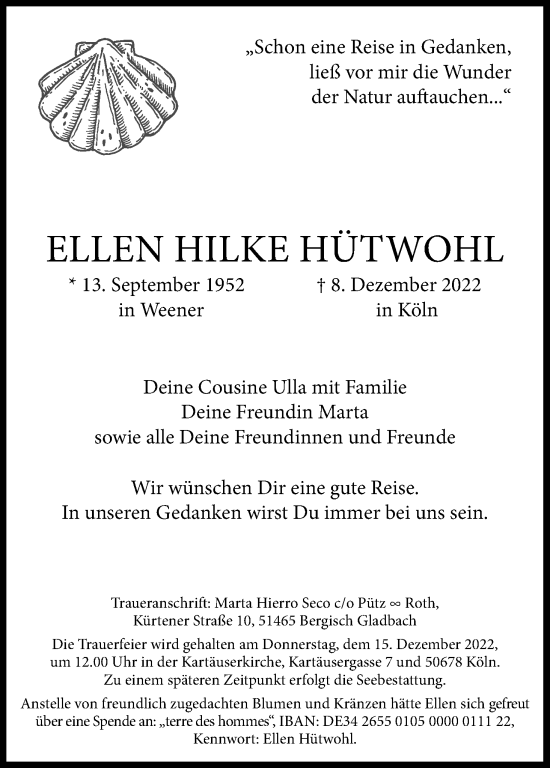 Anzeige von Ellen Hilke Hütwohl von Kölner Stadt-Anzeiger / Kölnische Rundschau / Express
