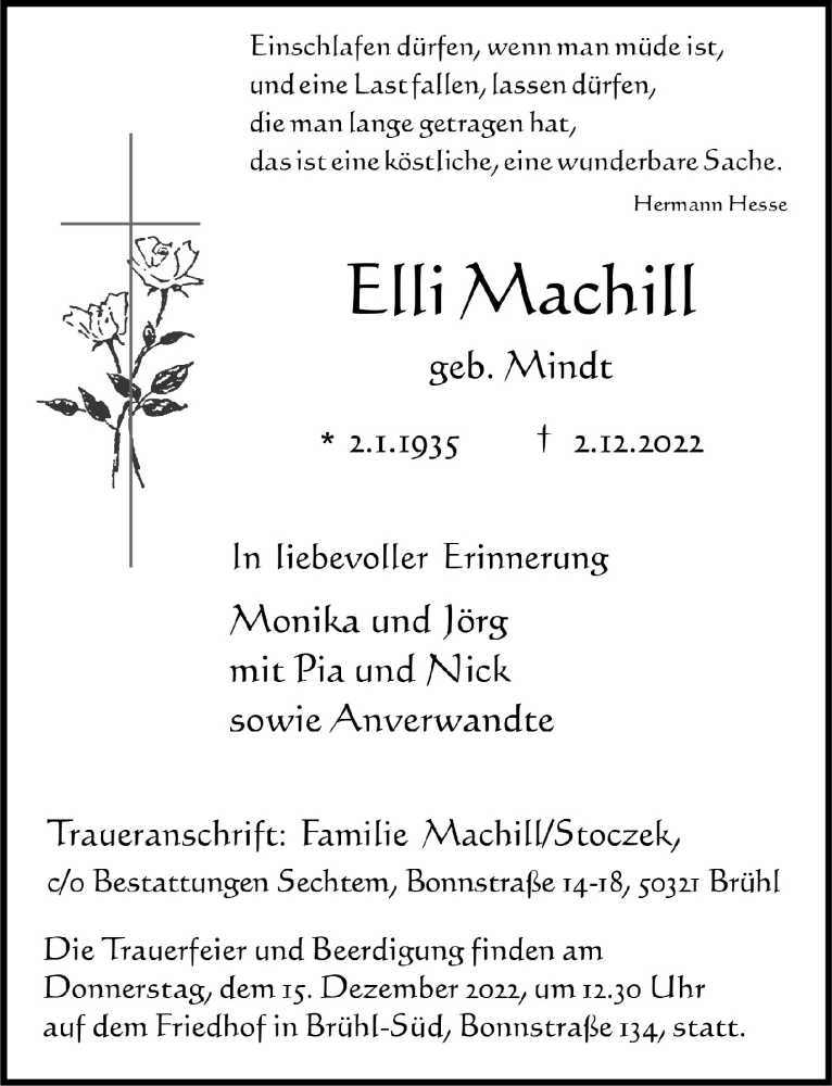  Traueranzeige für Elli Machill vom 09.12.2022 aus  Schlossbote/Werbekurier 