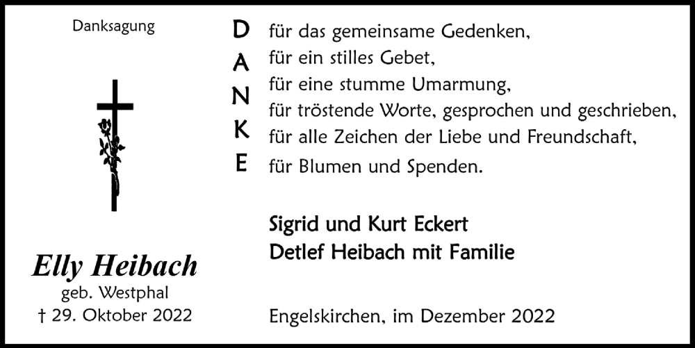  Traueranzeige für Elly Heibach vom 29.12.2022 aus  Anzeigen Echo 