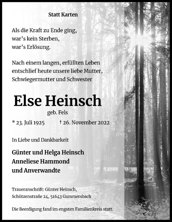 Anzeige von Else Heinsch von Kölner Stadt-Anzeiger / Kölnische Rundschau / Express