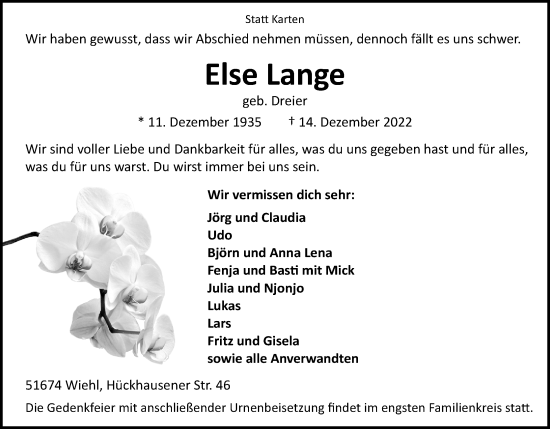 Anzeige von Else Lange von Kölner Stadt-Anzeiger / Kölnische Rundschau / Express