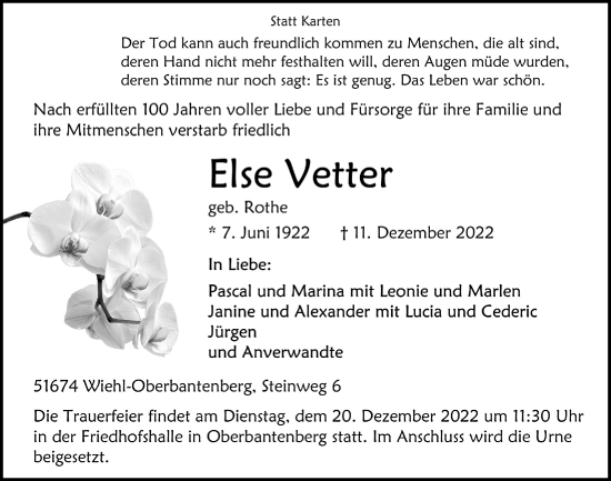 Anzeige von Else Vetter von  Anzeigen Echo 