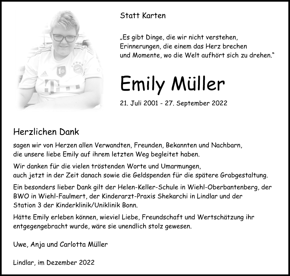  Traueranzeige für Emily Müller vom 03.12.2022 aus Kölner Stadt-Anzeiger / Kölnische Rundschau / Express