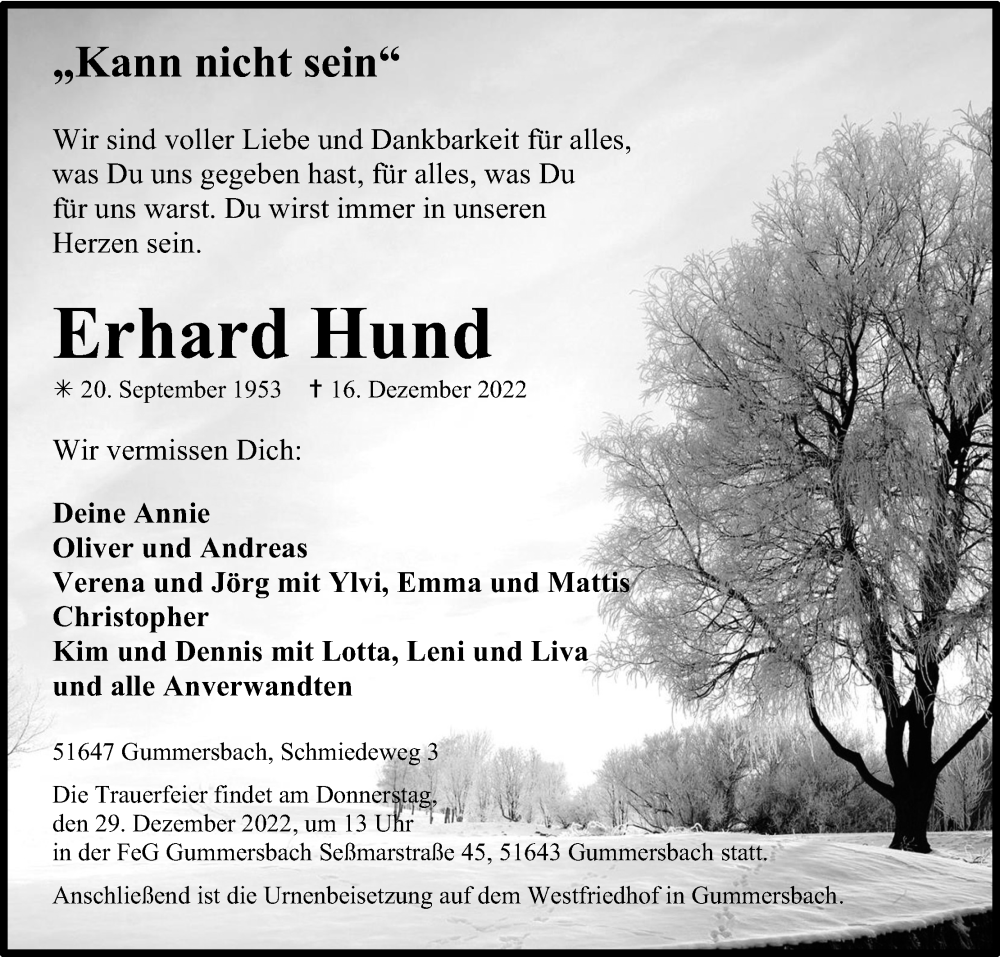  Traueranzeige für Erhard Hund vom 24.12.2022 aus Kölner Stadt-Anzeiger / Kölnische Rundschau / Express