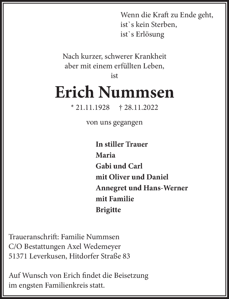  Traueranzeige für Erich Nummsen vom 09.12.2022 aus  Lokale Informationen 