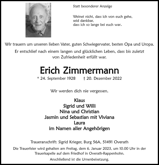 Anzeige von Erich Zimmermann von  Bergisches Handelsblatt 