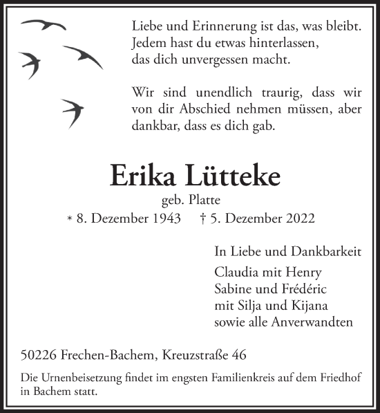 Anzeige von Erika Lütteke von  Wochenende 