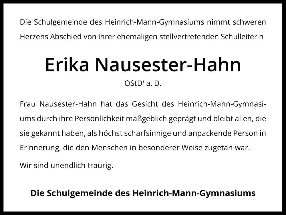  Traueranzeige für Erika Nausester-Hahn vom 10.12.2022 aus Kölner Stadt-Anzeiger / Kölnische Rundschau / Express