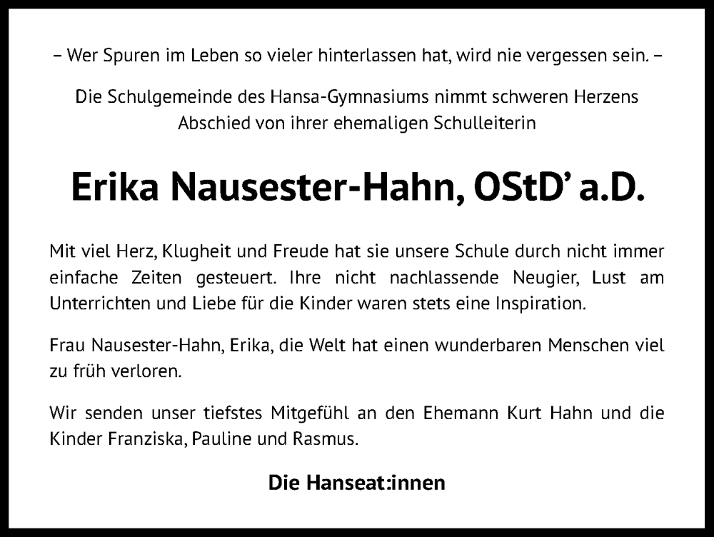  Traueranzeige für Erika Nausester-Hahn vom 03.12.2022 aus Kölner Stadt-Anzeiger / Kölnische Rundschau / Express