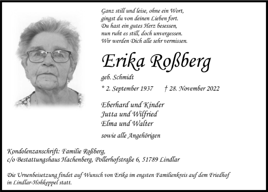 Anzeige von Erika Roßberg von  Anzeigen Echo 