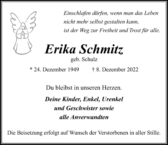Anzeige von Erika Schmitz von Kölner Stadt-Anzeiger / Kölnische Rundschau / Express