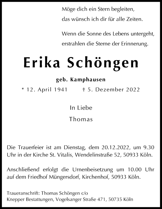 Anzeige von Erika Schöngen von Kölner Stadt-Anzeiger / Kölnische Rundschau / Express