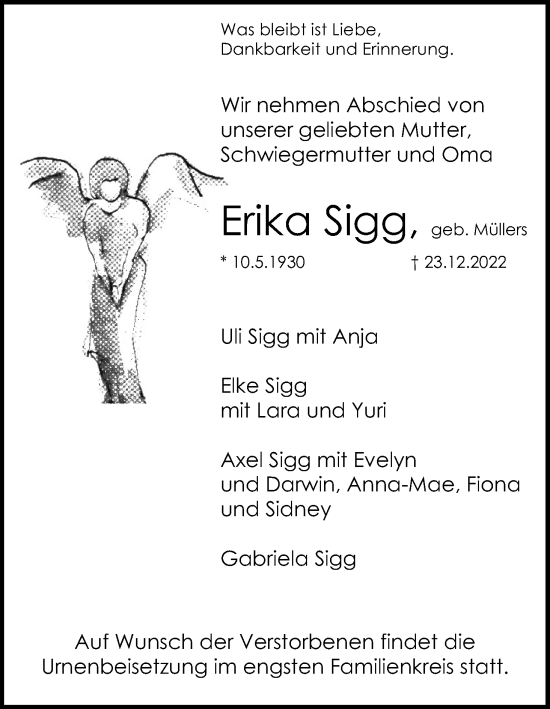 Anzeige von Erika Sigg, von Kölner Stadt-Anzeiger / Kölnische Rundschau / Express