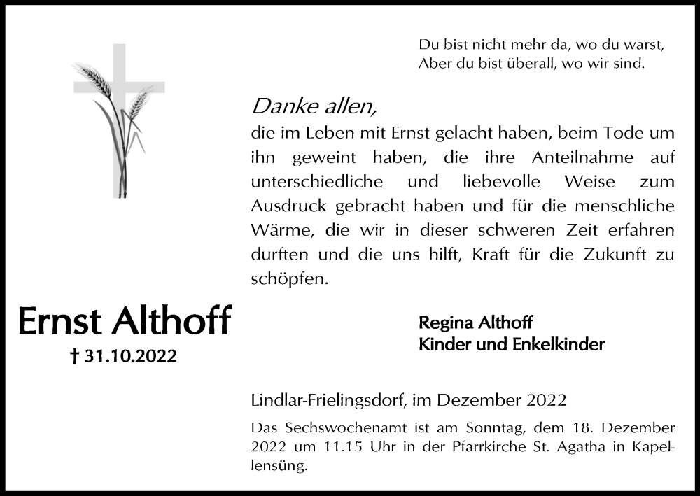 Traueranzeige für Ernst Althoff vom 10.12.2022 aus Kölner Stadt-Anzeiger / Kölnische Rundschau / Express