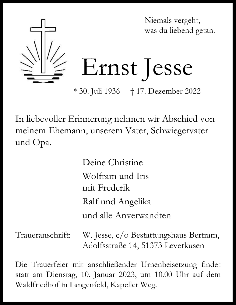  Traueranzeige für Ernst Jesse vom 31.12.2022 aus Kölner Stadt-Anzeiger / Kölnische Rundschau / Express
